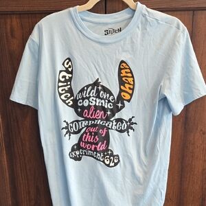 Disney Stitch Light Blue Tee with Pink and Orange Text
